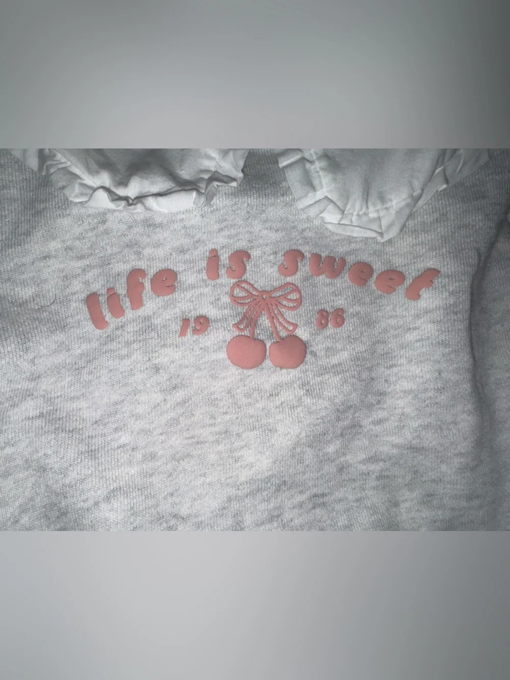 Carter's Light Gray Sweatshirt with Pink Cherry Graphic and White Ruffle Collar
